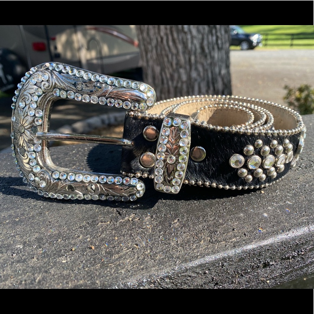BB Simon Black Fur Belt with Swarovski Crystals